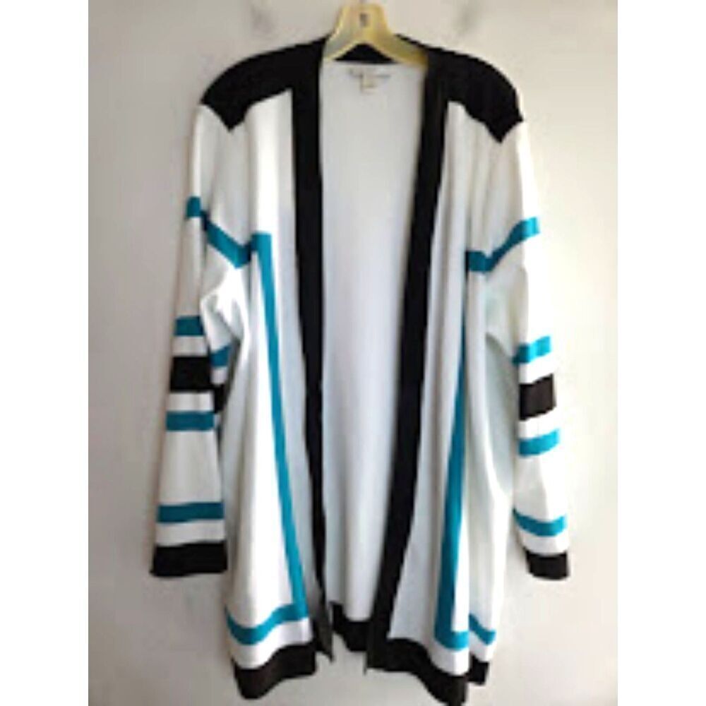 CJ Banks Women White w/Black Teal Trim Long Open Knit Cardigan Sweater size 3X